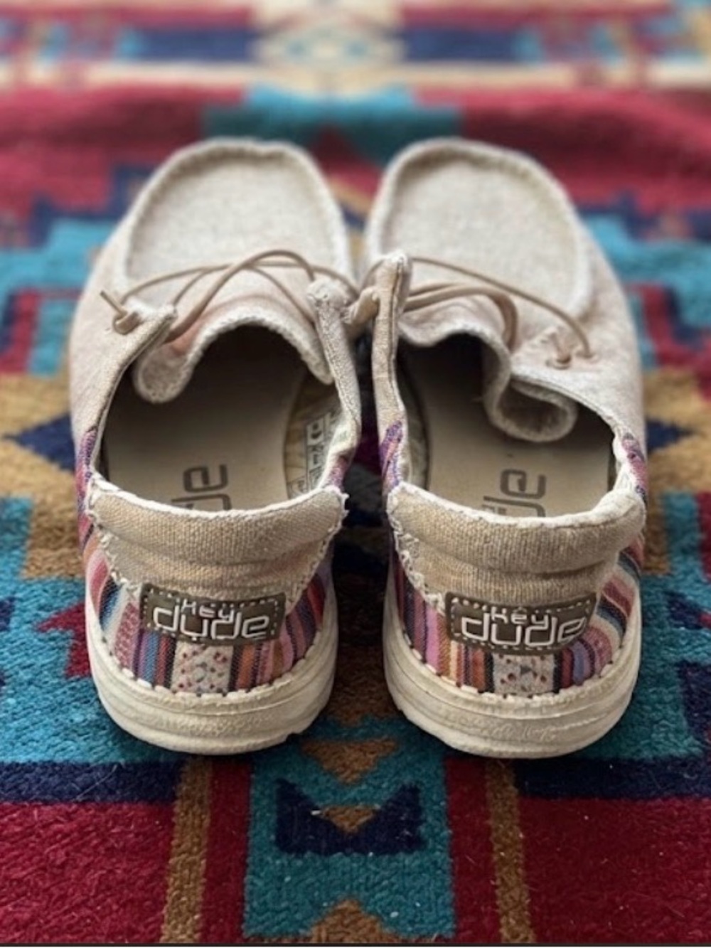 Hey Dude Beige Slip-On Flats with Multicolor Stripe Heel